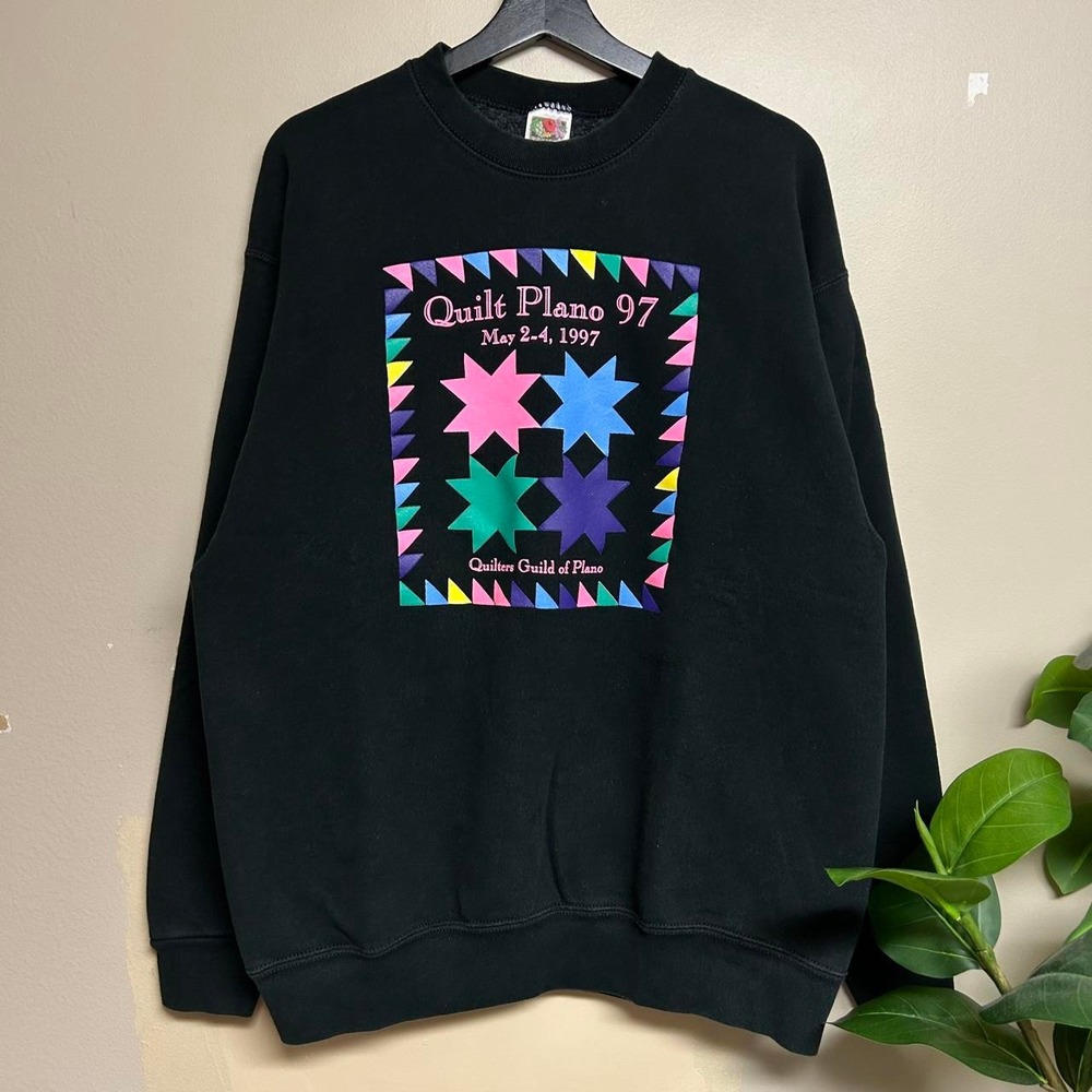 Vintage 90s Fruit of the Loom Quilt Plano 97 Sweatshirt Black Mens XL USA Made